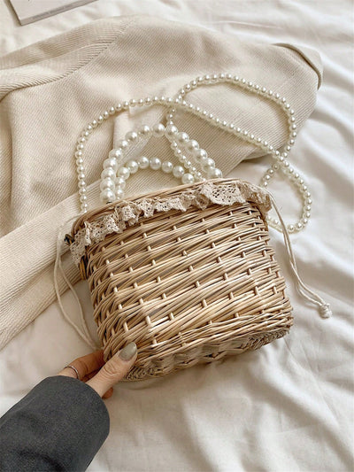 Pearl Adorned Handmade Woven Wicker Bag: The Perfect Crossbody Souvenir