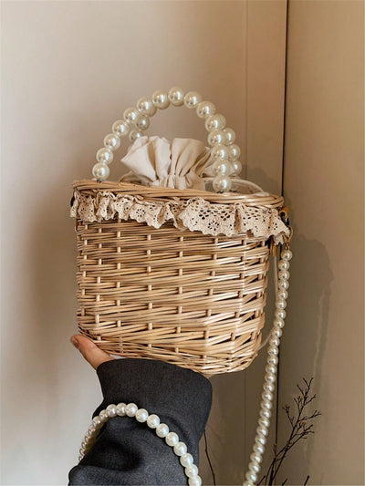 Pearl Adorned Handmade Woven Wicker Bag: The Perfect Crossbody Souvenir