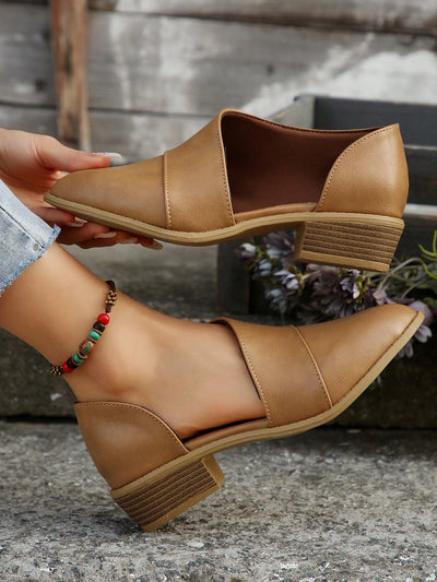 Chic Brown Pointed Toe Mules with Hollowed Sides and Chunky Heels for Effortless Elegance