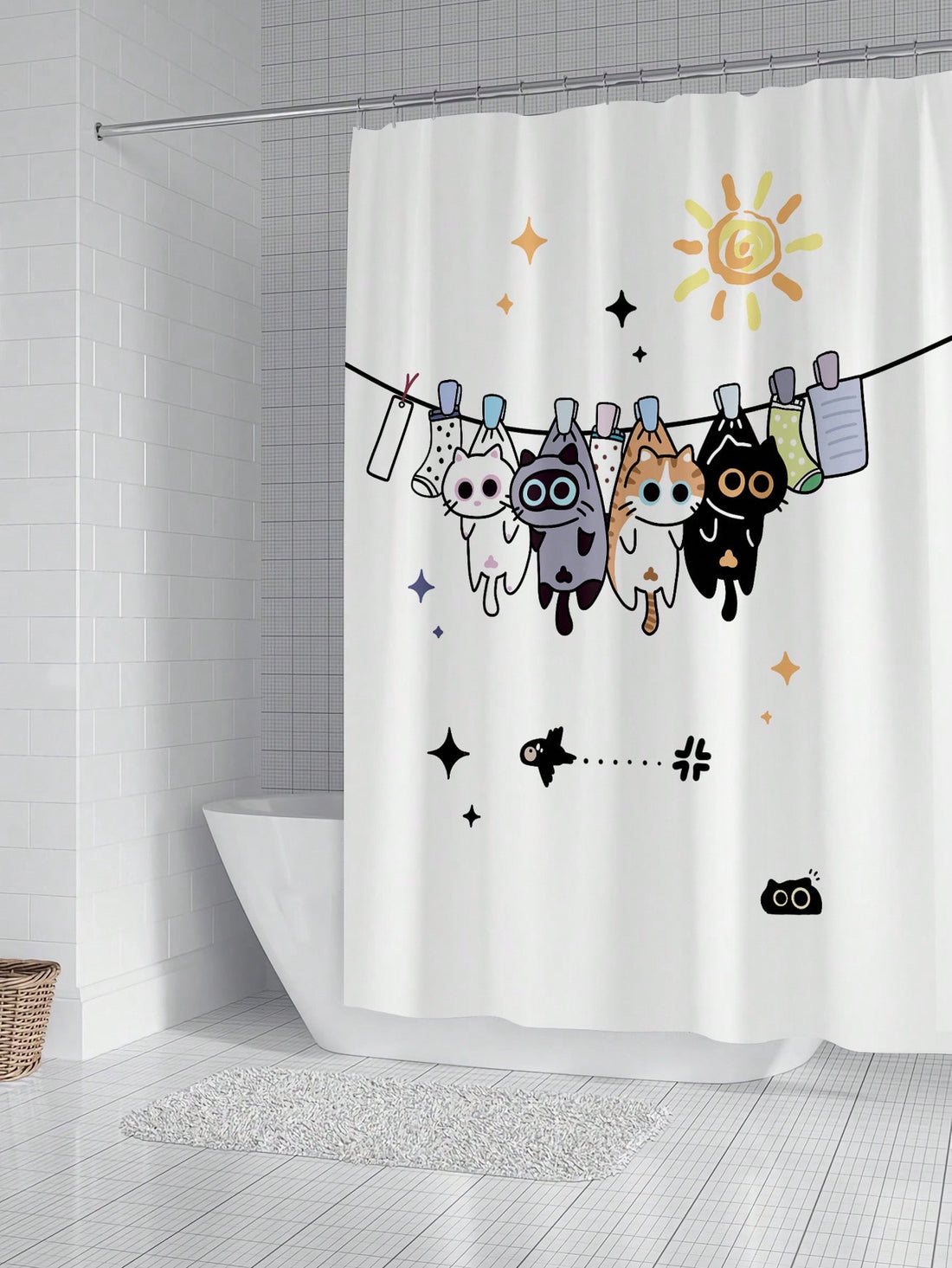This shower curtain is the perfect addition to any cat lover's bathroom. Featuring a modern cat print, it is not only stylish but also anti-mildew thanks to its durable material. Complete with hooks for easy installation, this curtain is the ultimate bathroom decoration.