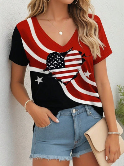 Show off your love for the USA with our Summer Lovin' Patriotic Style t-shirt! Featuring a heart-shaped American flag print, this V-neck shirt is perfect for all your summer events. Made for women who want to show their pride in style.