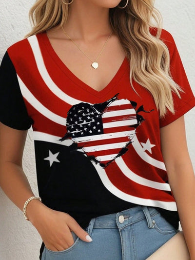 Summer Lovin' Patriotic Style: Women's Heart American Flag Print V-Ne Neck T-Shirt