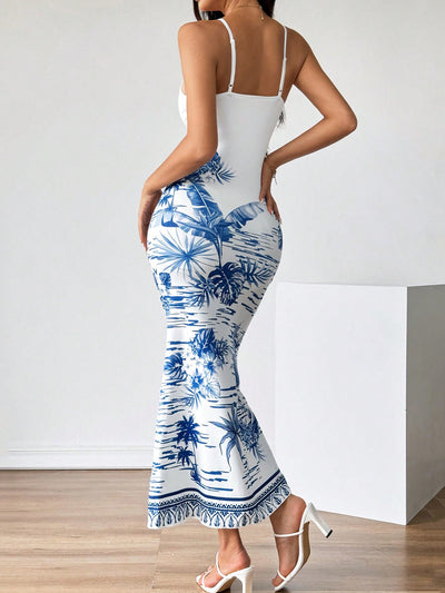 Summer Vibes: Strappy Tropical Print Maxi Dress in Blue & White