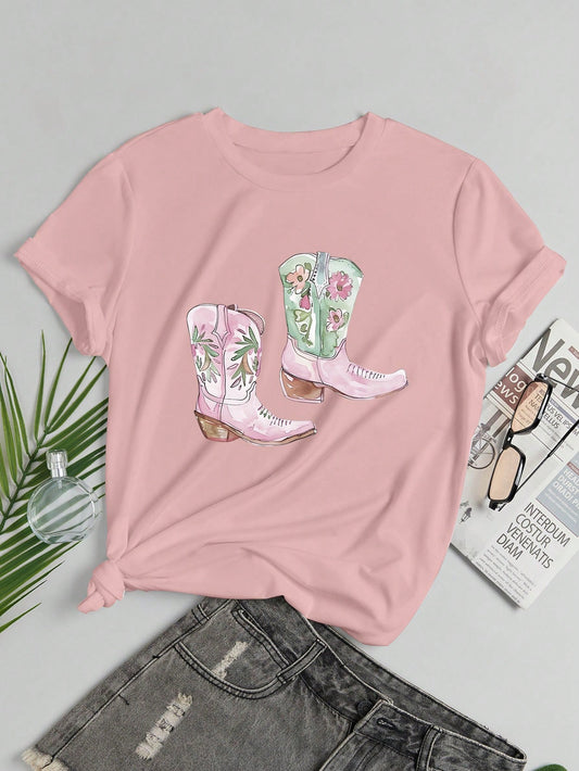 Trendy Boot Print Summer Tee for Women - Stylish and Comfortable T-Shirt