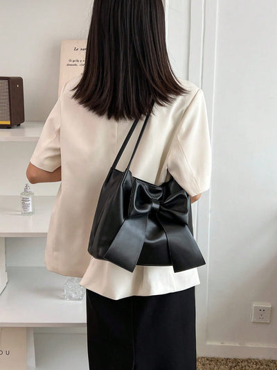 Chic Bow-Decorated PU Leather Shoulder Bag for Women - Stylish, Lightweight, and Spacious