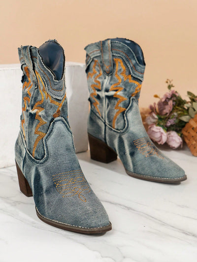 Chic Embroidered Wedge Heel Slip-On Mid-Calf Boots with Faux Fur Collar