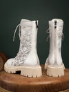 Summer Chic: White Mesh Mid-Calf Booties with Chunky Sole and Lace Detail