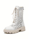 Summer Chic: White Mesh Mid-Calf Booties with Chunky Sole and Lace Detail