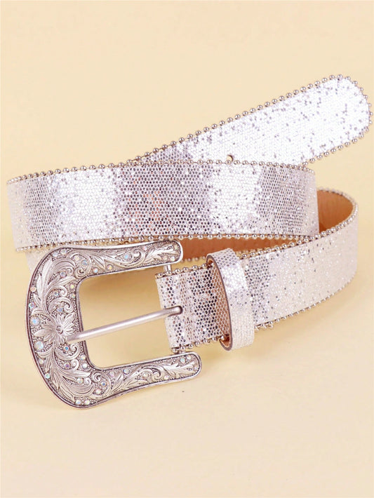 Shiny Silver Metallic Carved Buckle Belt: A Western Cowboy Style Accessory for Trendy Streetwear and Partywear