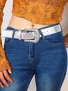 Shiny Silver Metallic Carved Buckle Belt: A Western Cowboy Style Accessory for Trendy Streetwear and Partywear