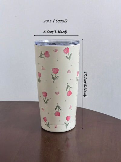 Original Pink Tulip Heart Shaped Stainless Steel Insulated Cup - The Perfect Gift for Any Occasion