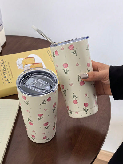 Original Pink Tulip Heart Shaped Stainless Steel Insulated Cup - The Perfect Gift for Any Occasion