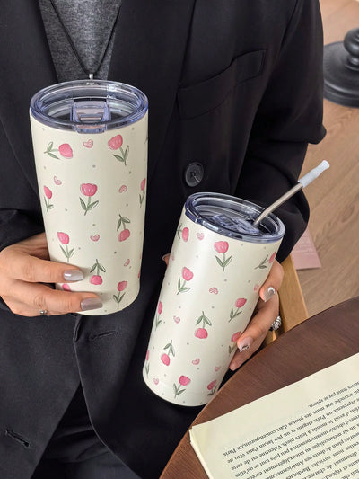 Original Pink Tulip Heart Shaped Stainless Steel Insulated Cup - The Perfect Gift for Any Occasion