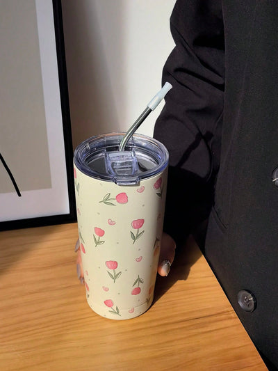 Original Pink Tulip Heart Shaped Stainless Steel Insulated Cup - The Perfect Gift for Any Occasion