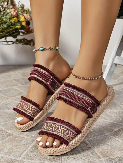 Bohemian Bliss: Blue Round Toe Flat Sandals with Woven Tassels - Versatile and Stylish for Travel and Vacation