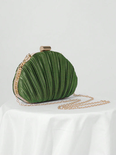 Elegant Pleated Satin Evening Clutch with Chain Strap - Perfect for Prom and Formal Events