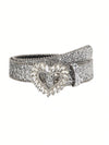 Enhance any look with our Shiny Rhinestone Heart Buckle Women's Belt. A must-have fashion accessory for those wanting to achieve a sleek and chic European or American style. The unique heart-shaped buckle adds a touch of elegance to any outfit. Don't miss out on this ultimate fashion accessory.