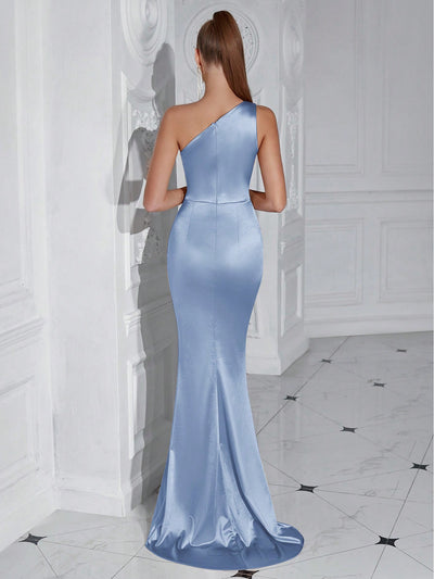 Sophisticated Glamour: Shoulder Pleated High Slit Cocktail Party Prom Dress