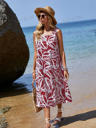 Beach Chic: Women's Tropical Plant Printed Sleeveless Casual Tank Dress for Vacation