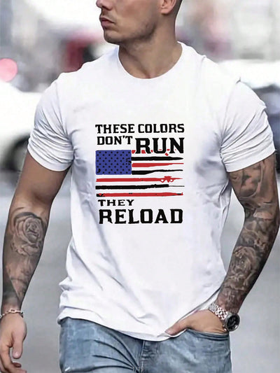 Men's Patriotic Round Neck T-Shirt with Summer Slogan and American Flag Print