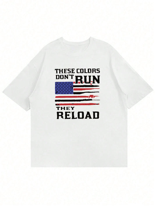 Men's Patriotic Round Neck T-Shirt with Summer Slogan and American Flag Print