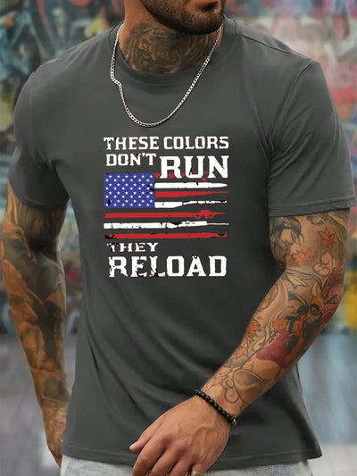 Men's Patriotic Round Neck T-Shirt with Summer Slogan and American Flag Print