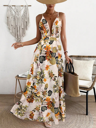 Vibrant Vacation Chic: Flower Printed Spaghetti Straps Backless Dress