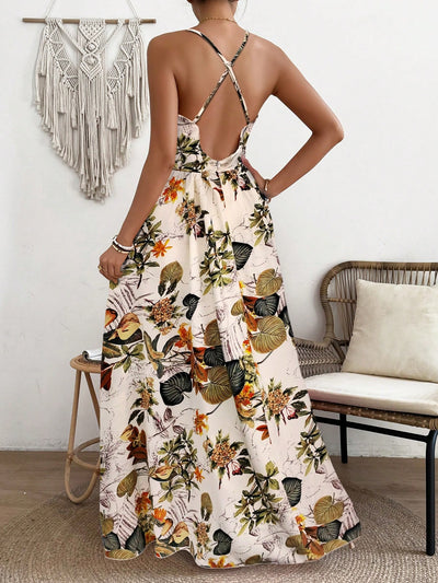 Vibrant Vacation Chic: Flower Printed Spaghetti Straps Backless Dress