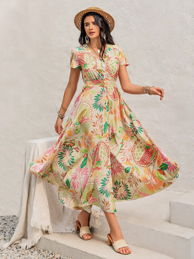 Colorful Floral Printed High-Waisted Slit Dress: The Perfect Spring Look