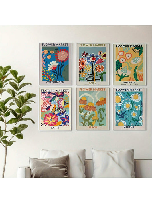 Charming Vintage Floral Canvas Prints: 6-Piece Abstract Art Set for Elegant Wall Décor