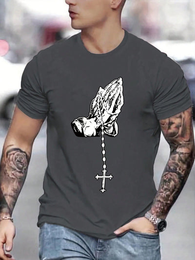 Men's Serenity Short Sleeve T-Shirt: Featuring Prayer Hand Gesture and Cross Print