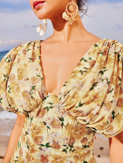 Floral Elegance: Drop Shoulder Chiffon Fit and Flare Dress