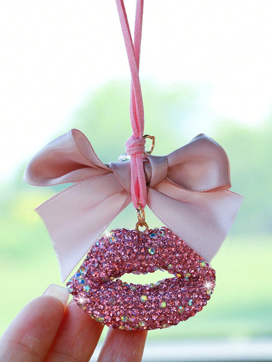 Sweet and Chic: Pink Bowknot Ceramic Lips Car Hanging Ornament