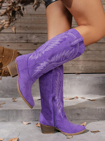 Chic Embroidered Suede Knee-High Boots with Wedge Heels