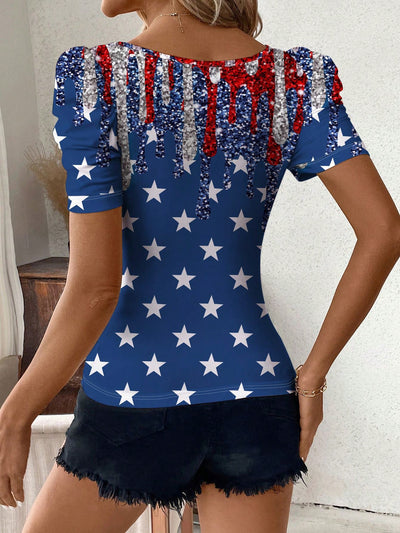 Women's Patriotic Flag Print 4th of July T-Shirt: Slim Fit, Square Neckline & Short Puff Sleeves