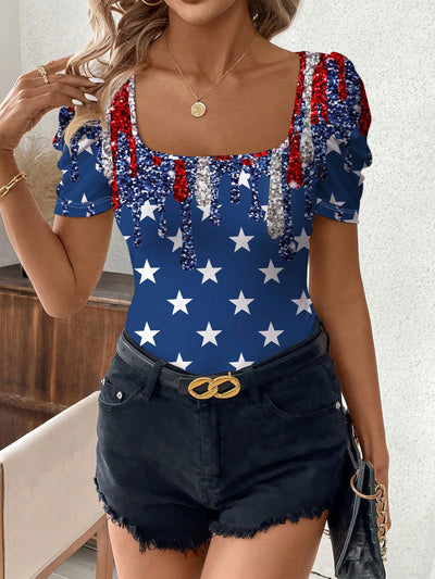 Show off your patriotic pride with our Women's 4th of July T-Shirt! Featuring a slim fit, square neckline, and short puff sleeves, this shirt is perfect for celebrating in style. Made with a patriotic flag print, this shirt is both fashionable and festive. Get ready to rock your Independence Day with this must-have tee!