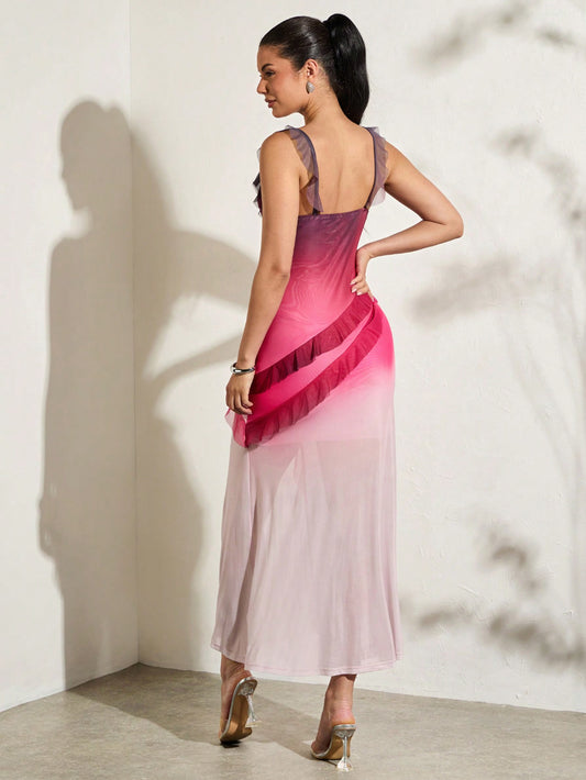 Stylish Sheer Elegance: Asymmetrical Crossed Folding Long Dress with High Side Slit