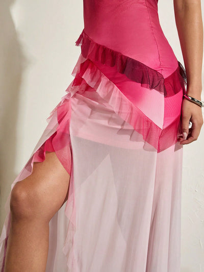 Stylish Sheer Elegance: Asymmetrical Crossed Folding Long Dress with High Side Slit