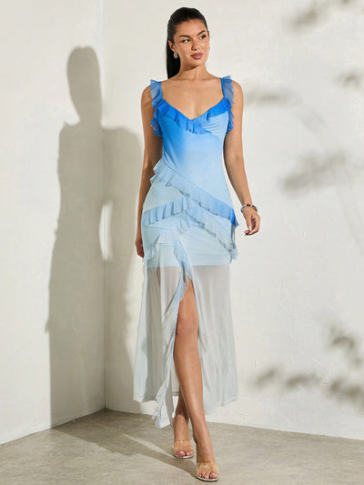 Stylish Sheer Elegance: Asymmetrical Crossed Folding Long Dress with High Side Slit