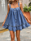 Denim Dream: Sleeveless A-Line Dress with Ruffle Hem and Front Buttons