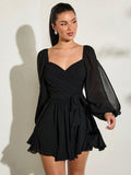 Black chiffon mini dress with sweetheart wrap bodice sheer balloon sleeves waist tie and ruffle skirt
