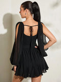 Back view black chiffon mini dress with tie-back neckline shirred back and sheer split sleeves