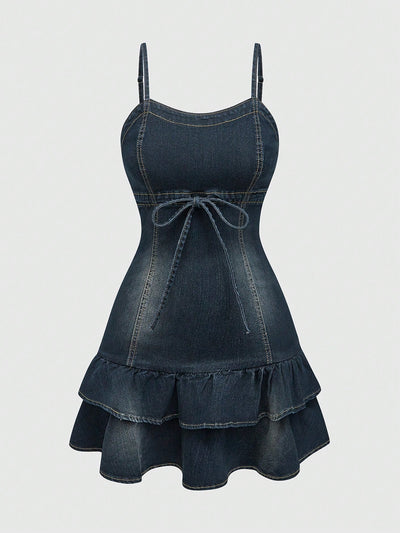 Charming Kawaii Denim Dress with Spaghetti Straps and Ruffle Hem