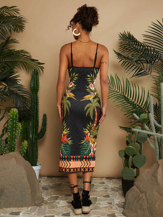 Chic Floral Printed Bodycon Cami Dress - Perfect for Holiday Elegance