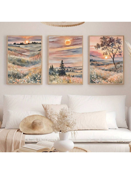 Trio of Watercolor Sunset Landscapes: Vibrant Canvas Wall Art Set for Home Decor