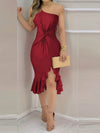 Chic One-Shoulder Ruffle Hem Dress with Waist Buttons