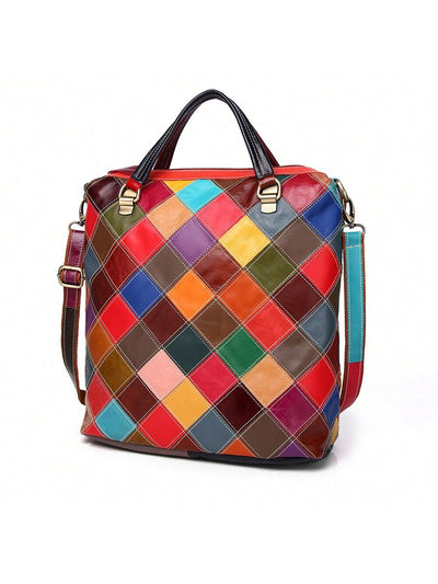 Retro Charm: Colorful Plaid Leather Handbag with Detachable Strap