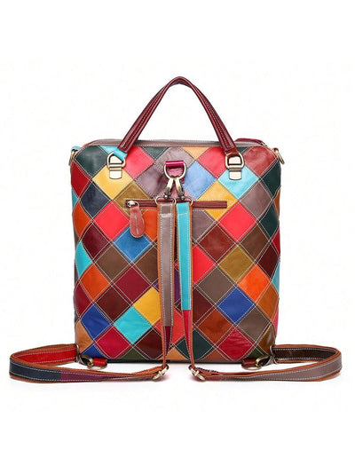 Retro Charm: Colorful Plaid Leather Handbag with Detachable Strap