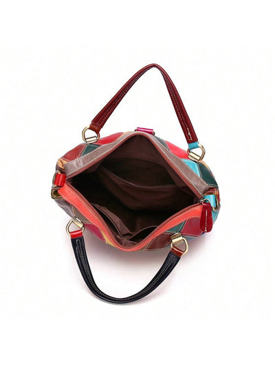 Retro Charm: Colorful Plaid Leather Handbag with Detachable Strap