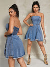 Summer Sizzle: Frayed Edge Strapless Denim Dress with Cinched Waist